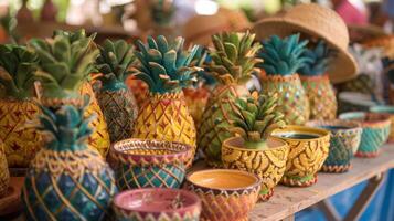 A display of colorful pineapplethemed crafts from handpainted pineapple flower pots to woven pineapple baskets at the Pineapple Day market photo