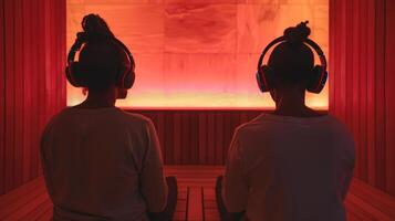 Two individuals sitting on opposite ends of the sauna both with headphones on as they listen to a guided relaxation audio together. photo