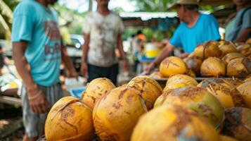 el clase toma un campo viaje a un local mercado a aprender acerca de el diferente tipos de cocos y cómo a recoger el mejor unos para Cocinando foto