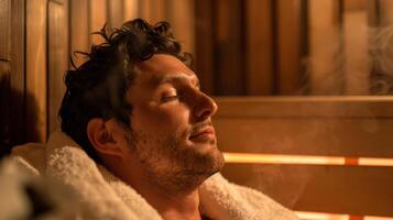 A thick towel is dd over the shoulders of a man sitting in the sauna his face relaxed and a slight smile on his lips. photo