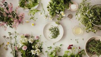 A table filled with different herbs and es each with their own unique benefits for boosting energy levels photo