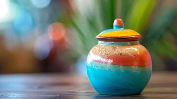 A small brightly colored ceramic container with a fitted lid perfect for storing loose change or small items on a desk or dresser. photo