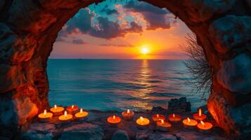 un maravilloso panorámico ver de el puesta de sol enmarcado por un arco adornado con velas proporciona el Perfecto fondo para un meditativo práctica. 2d plano dibujos animados foto