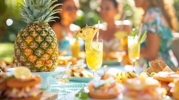 un grupo de amigos teniendo un temática de piña picnic completar con en forma de piña emparedados piña bebidas y incluso en forma de piña galletas para postre foto