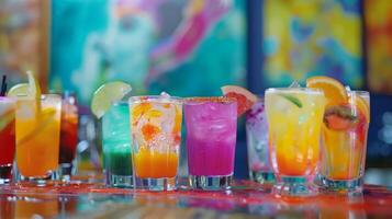 A variety of colorful mocktails adorning a table each one representing a different aspect of the painting being taught in the class photo