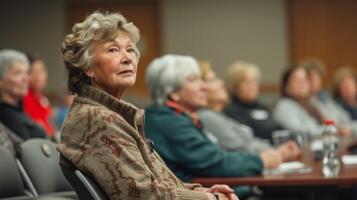 The speaker pauses to invite a participant up to the front to share their own success story with the rest of the group inspiring and motivating their fellow retirees photo