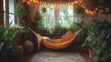 A small balcony transformed into an oasis with a hammock chair surrounded by lush green plants and string lights for a relaxing retreat right at home photo