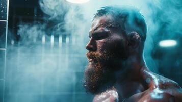 A photograph of a MMA fighter in a sauna with a caption highlighting how regular sauna use can improve endurance and stamina. photo