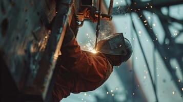 A brave worker hangs from the side of the core carefully welding together two metal pieces photo