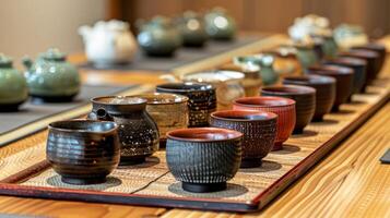 un mesa conjunto con tradicional japonés té ollas y tazas Listo para estudiantes a disfrutar durante su Sushi haciendo clase foto