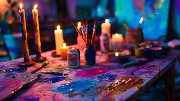 A table set up with an array of colorful paints and brushes catching the light from the nearby candles. 2d flat cartoon photo