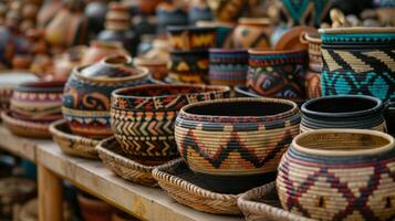 hermosamente tejido cestas y pintado a mano cerámica línea el estantería de un nativo americano letras y artesanía cabina exhibiendo el Rico cultural patrimonio de el tribu foto