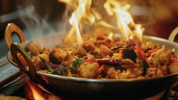 A festive blend of tandooried veggies the perfect accompaniment to any Indian meal. The flickering flames in the background add an extra touch of warmth photo