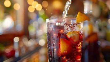 A closeup of a glass being filled with ice and a splash of sparkling water creating a fizzy and refreshing virgin sangria photo
