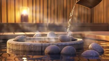 un ilustración de alguien torrencial agua terminado caliente piedras creando vapor dentro el sauna. foto
