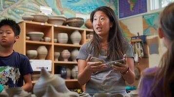 The teacher ends the class with a storytelling session sharing myths and legends from different cultures that involve pottery further igniting her students imagination and passion for photo