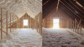 A before and after comparison photo of a homes attic showing the transformation after insulation technicians added a thick layer of spray foam insulation to the space
