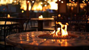 The soft light from the fire dances across the nearby tables and chairs creating a peaceful atmosphere. 2d flat cartoon photo