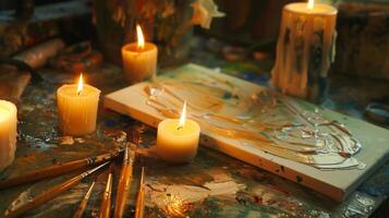 The soft warm light of the candles cast a golden glow on the artists canvas and tools. 2d flat cartoon photo