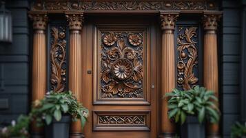 The wooden frame of the door features intricate carving and a rich dark stain giving it a timeless and clic look photo