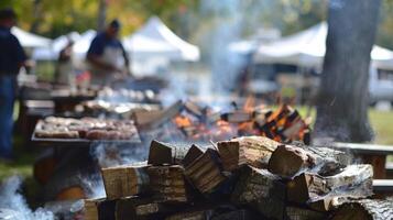 The cracking of firewood and the sizzle of the grills provided a peaceful soundtrack to the outdoor cooking competition. 2d flat cartoon photo