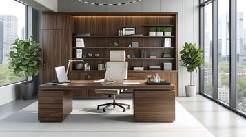 An inclusive retirement office designed to meet the needs of seniors with adjustable shelving and pullout storage creating a comfortable and accessible environment for work photo