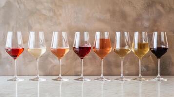 A variety of wine glasses are lined up on the table each representing a different type of wine that the host has carefully chosen for the book club photo