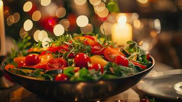 The vibrant colors of the vegetables and es were highlighted by the warm light of the candles making the dishes look even more appetizing. 2d flat cartoon photo