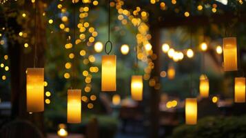 An outdoor patio lit up by rows of suspended candles creating a magical ambiance for an evening meal. 2d flat cartoon photo