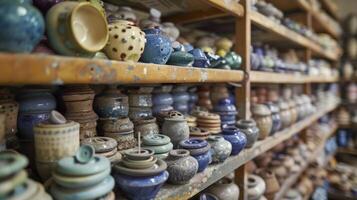 A pottery studio with shelves upon shelves of custommade ceramic buttons and s on display. photo