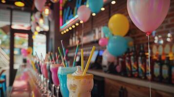 A playful sign on the wall that reads mocktail bar with colorful balloons and paper straws inviting kids to come and make their own drinks photo