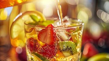 Closeup of a fruity mocktail being poured into a fancy glass photo