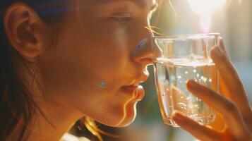 el mujer toma un sorbo de agua a permanecer hidratado y siente un sentido de calma lavar terminado su como el calor trabajos sus camino mediante cada pulgada de su cuerpo. foto