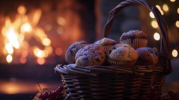 A delightful basket filled with muffins of all flavors and colors nestled next to a fireplace. The flickering flames dance in the background creating a magical atmospher photo