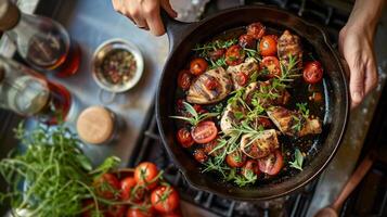 un alta calidad emitir hierro sartén construido a último y crear delicioso platos con Rico sabor foto