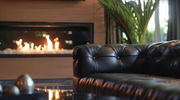 The modern fireplace casts a warm glow over the sleek black leather sofa. 2d flat cartoon photo