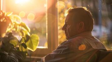 un hombre tomando un descanso desde trabajo a Sumergir arriba algunos natural luz de sol viniendo en desde un ventana foto