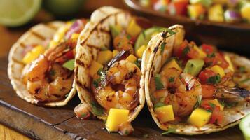 A tropical twist on classic tacos with grilled shrimp mango salsa and a zesty lime crema photo