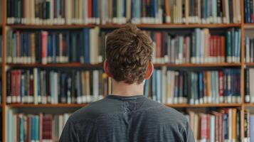 A man stands in front of a bookshelf pulling out books on different philosophies and theories eager to share his knowledge with his friend photo