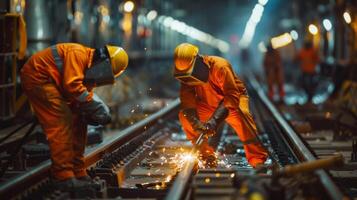 Workers in orange coveralls welding steel frames for the underground tracks sparks as they work photo