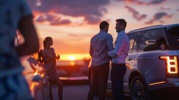 A group of people gathered around a luxurious SUV discussing its topoftheline features photo