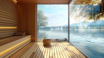 The sauna room overlooking a peaceful scenic view making the sauna experience even more rejuvenating and refreshing. photo