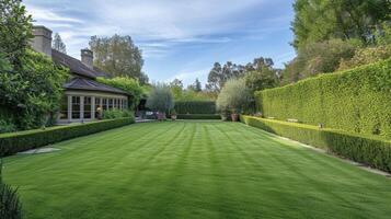 A sprawling lawn with manicured hedges and a charming picket fence creating a pictureperfect backdrop for family gatherings and outdoor activities photo