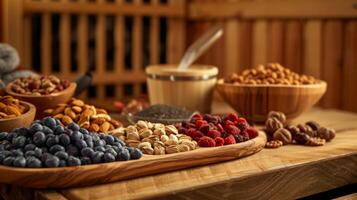 A selection of superfoods and nuts arranged on a wooden board with a sauna in the background indicating the many options available for nutrientdense snacks before or after a sauna session photo