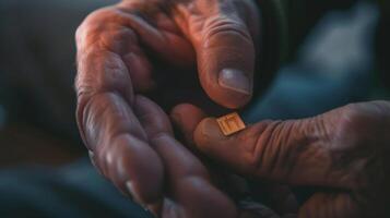 un mano colocación un pequeño simbólico chip dentro el palma de un personas mano representando su 90 dias de sobriedad foto