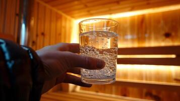 A hand reaching towards a glass of water in the sauna illustrating the importance of staying hydrated during sauna use. photo