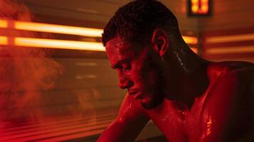 un atleta calma su dolorido músculos en un sauna personalizado con intenso calor y dirigido rojo ligero terapia a ayuda en músculo recuperación. foto