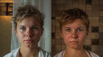 un antes y después de foto de un persona con un perceptible cambio en su apariencia y comportamiento después regularmente utilizando un sauna a ayuda con su triste síntomas.