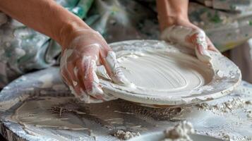un alfarero cuidadosamente prensado y suavizado fuera el bordes de un porcelana chapa sobre un cerámica pedazo a garantizar un sin costura mezcla. foto