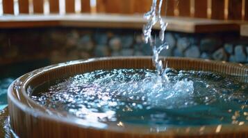 The interior of a sauna featuring a fountain or pool of cool water for users to periodically splash on their face and chest for added respiratory relief. photo